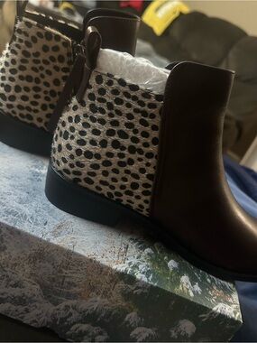 Women’s Brown Ankle Booties with Black & Cream Spot Panel